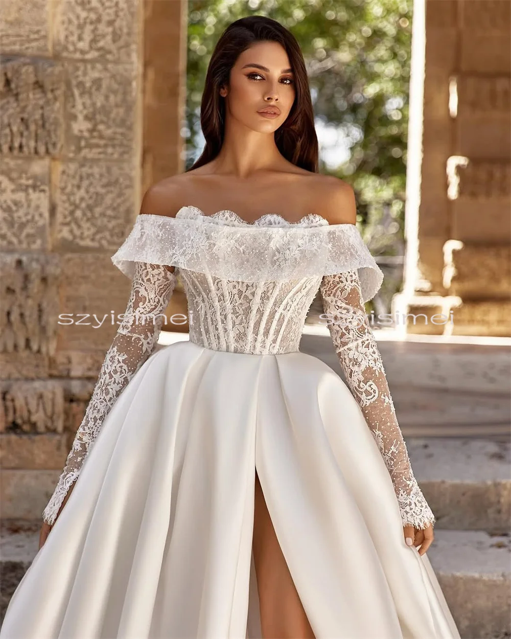 Vestidos de novia con hombros descubiertos para novia, Top de encaje, corte en A, vestido de novia de satén, vestidos de fiesta de manga larga para boda