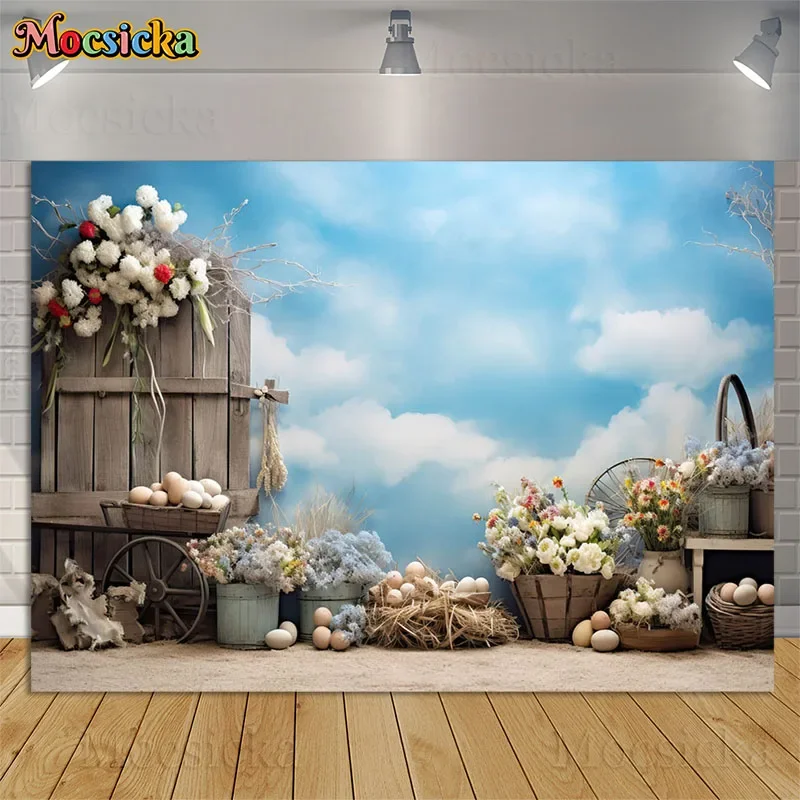 

Spring Easter Photography Background Blue Sky And White Clouds Flowers Baby Kids Birthday Party Portrait Backdrops Photo Studio