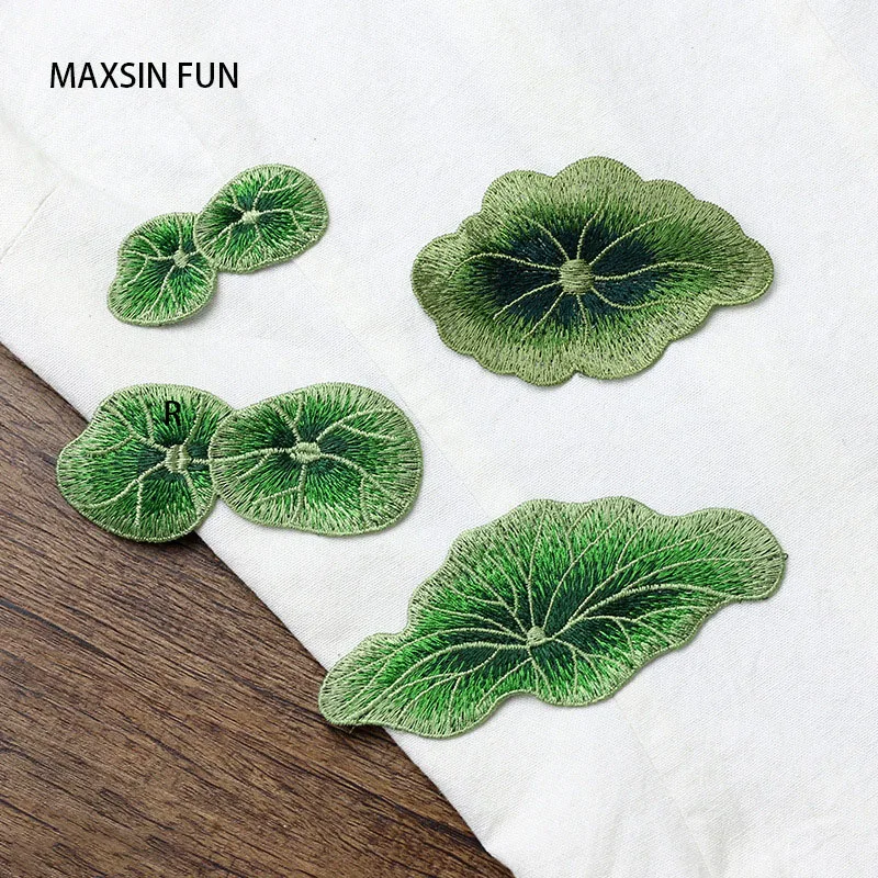 Green Lotus Leaf Glue-Free Sew-on Embroidery Patches for Clothing Bag Decoration, Small Hole Accessories, Wholesale