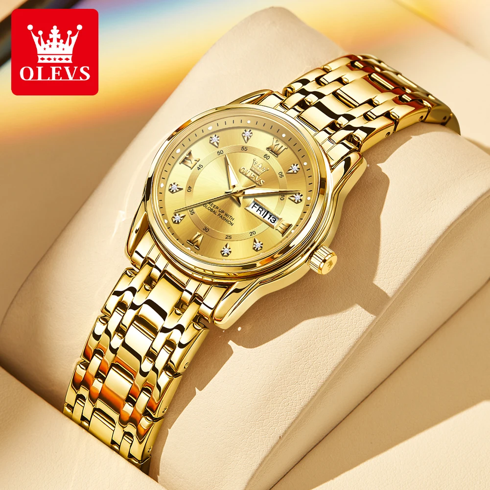 OLEVS Original Quartz Watch for Women Dual Calendar Diamond Luxury Fashion Stainless steel Waterproof Luminous Ladies Wristwatch