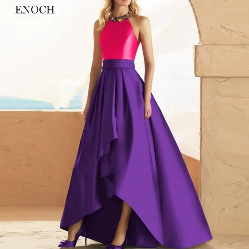 ENOCH Elegant O-Neck Beaded Prom Dresses Sleeveless Satin High/Low Party Dresses Open Back Robes De Soirée Custom Made A-Line