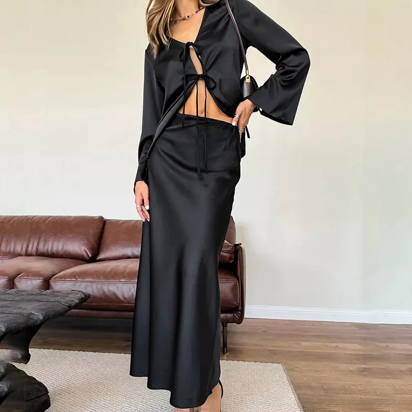 

New Color Ding V-neck Flared Sleeve Lace Up Top Fish Tail Skirt Set 2025 Fashion Two-piece Set for Women