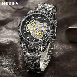 Skeleton Hollow Men Watches Luxury Steampunk Black Gold Quartz Watch Stainless Steel Vintage Engraved Man NOT Mechanical Clock