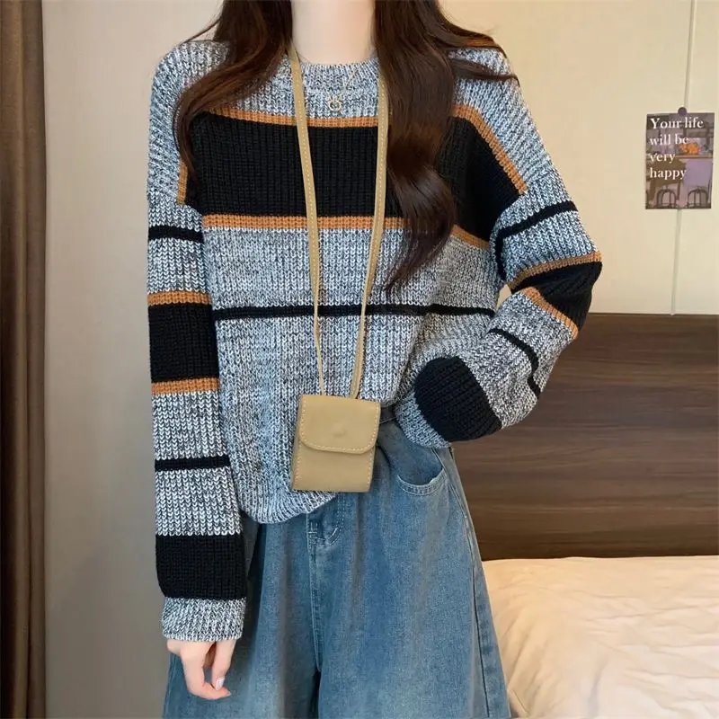 Pulover bergaris kontras leher-o Vintage, pakaian kasual mode sweater malas pemuda longgar lengan panjang musim gugur musim dingin baru