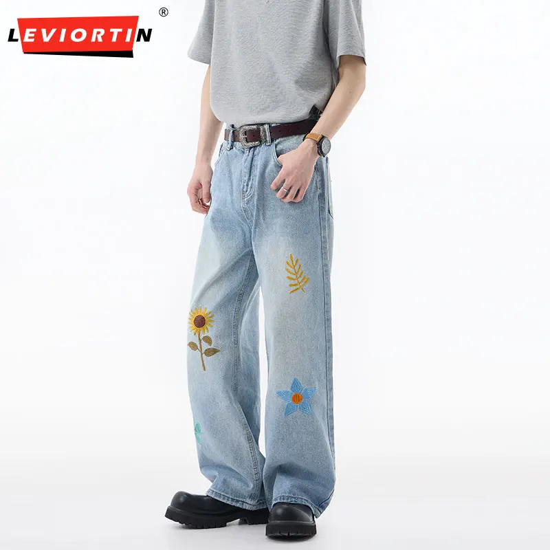 

Men'S Straight Wide-Leg Jeans Pants High Street Sunflower Embroidery Trousers Loose Fit Casual Denim Pants With Comfort Stretch