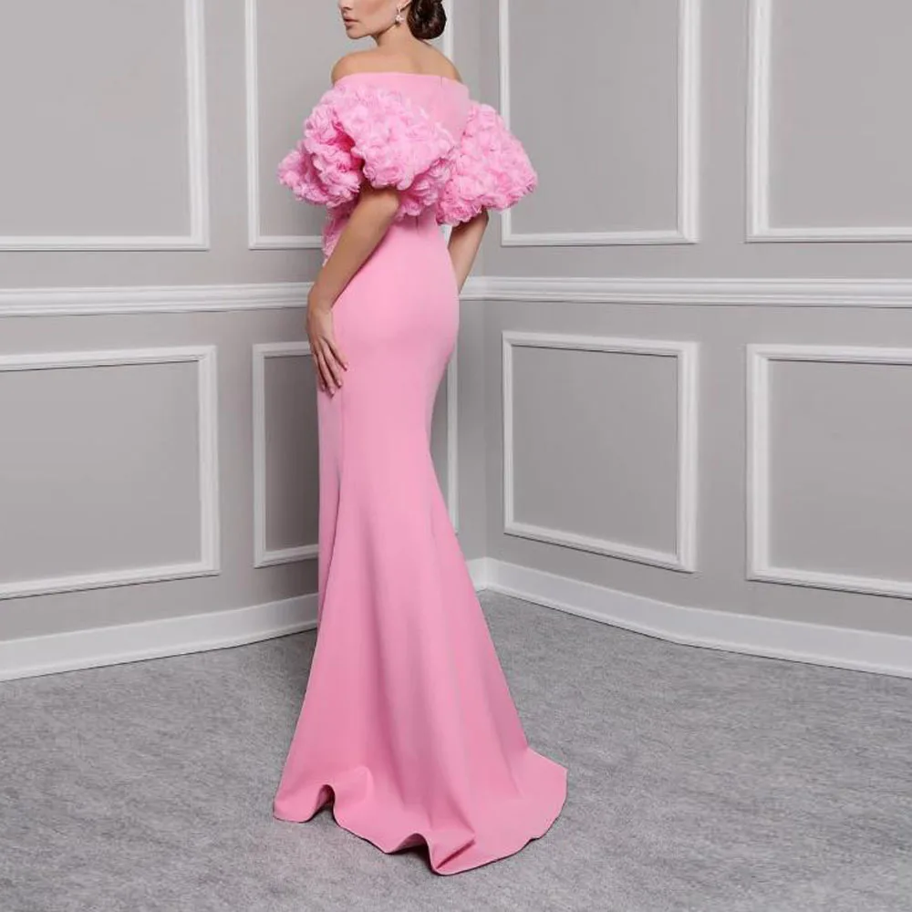 Customized Pink Rose Evening Dresses with Slit Off the Shoulder Short Sleeve Formal Gown Beading Flower Satin vestidos elegantes