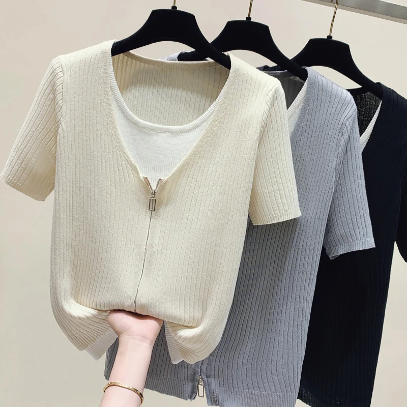 Women Shirts Spring Summer Short Sleeve Knitwears Korean Tops Fashion Slim Fit O-neck Pullovers Solid Casaul Women\'s Sweaters