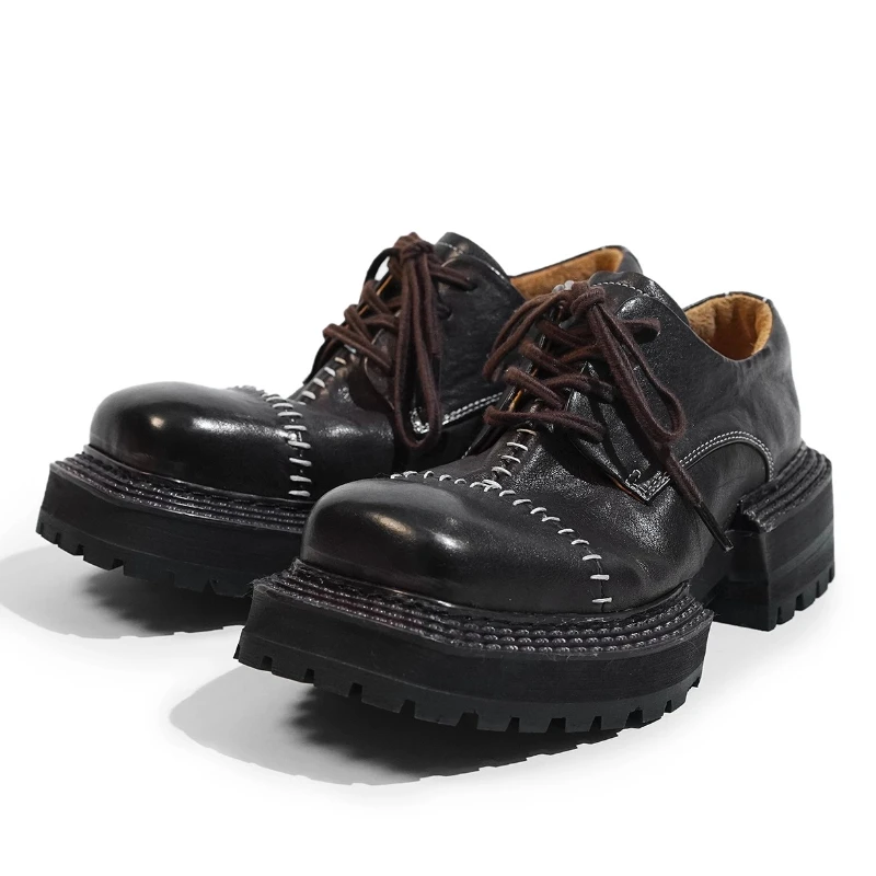 

High-end Handmade Washed Horse Leather Shoes for Couple Retro Square Head Platform Casual Shoes Genuine Leather Men's and Womens