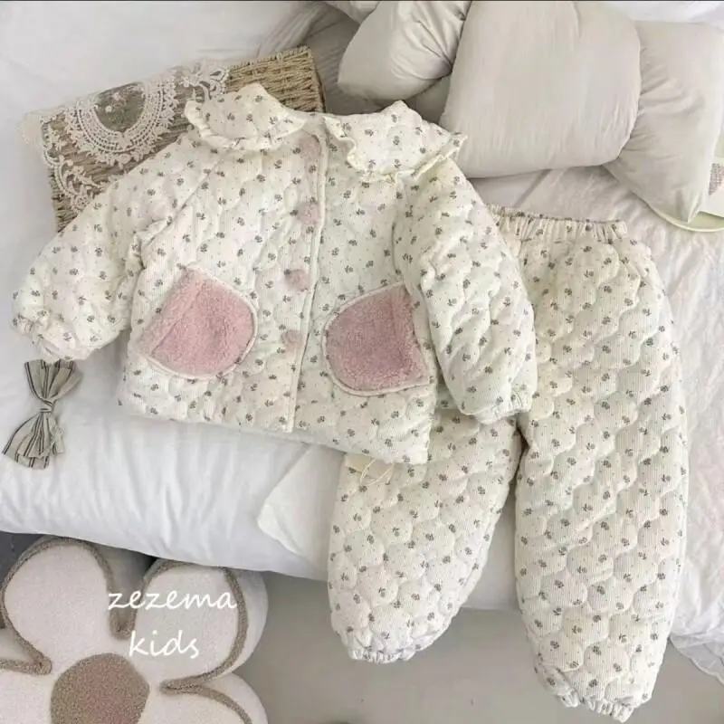 Girls Winter Pajamas Three Layer Cotton Padded Thickened Fleece Lined Warm Cozy Homewear Loungewear Sleepwear for Baby Toddler