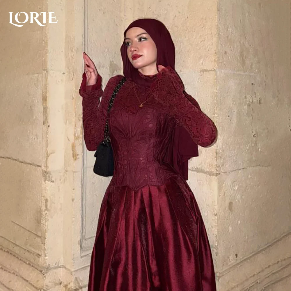 

LORIE Muslim Crepe Evening Dress A-Line Pleats High Neck Bobycon Prom Dress Lace Appliques Party Gown Customized Brithdays Dress