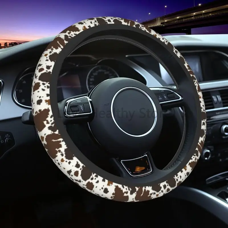 

Brown Cow Leather Skin Steering Wheel Cover Universal 15 Inches Car Accessories Anti Slip Neoprene Auto Interior Decoration