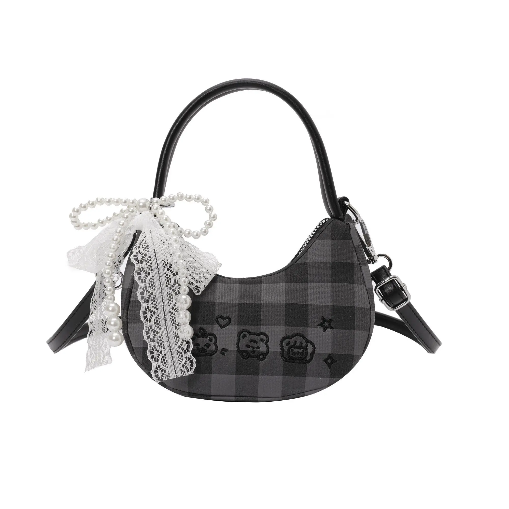 White Blue Pink Black Cartoon Embroidery Crescent Shoulder Bag PU leather Pearl Lace Decor Mini Crossbody Handbag Fashion Casual