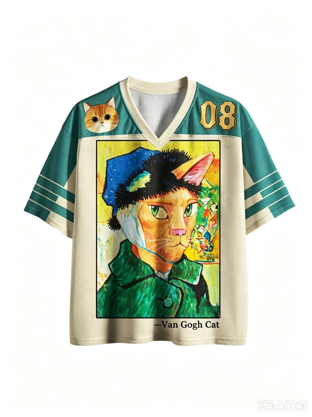 Van Gogh Cat Illustration 3D Print Men Sport V-neck T-shirt Outdoor Street Casual Fashion Quick-dry Breath Parent-child Clothing