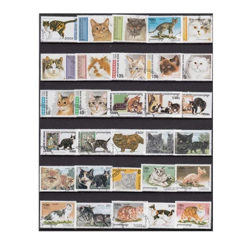 50 PCS  All Different  Topic Animal  Cat Unused Postage Stamps With Post Mark For Collecting Postal Stampel