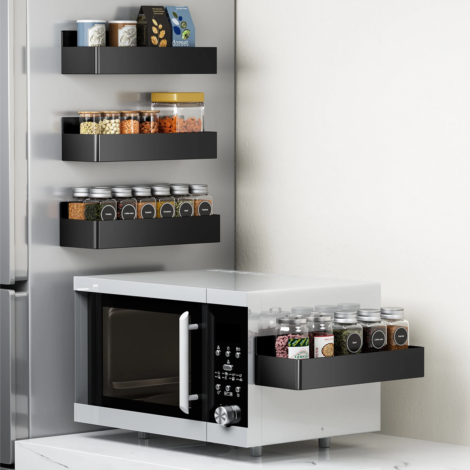 Magnetic Fridge Shelves Black White Spice Storage Rack Space Saving for Cabinet on The Side of Refrigerator Kitchen Organizer