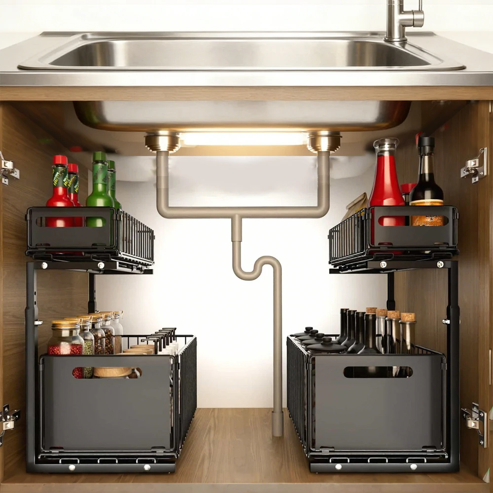 Organizador de Gabinete Extraíble de 2 Niveles con Cesta Deslizable, Estante de Almacenamiento de Cocina Ajustable en Altura, Organizador Debajo del Fregadero