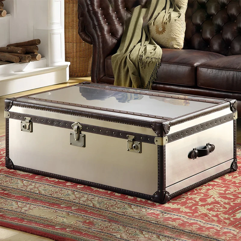leather coffee table retro European Chinese antique suitcase leather coffee table with drawers English cigar bar room