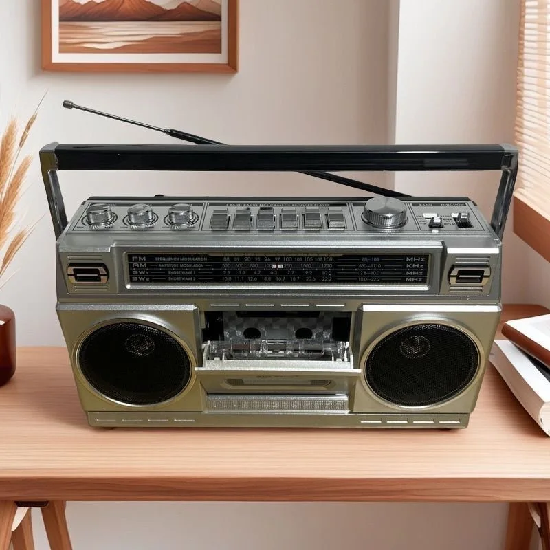 

Ретро-кассетный бумбокс AM/FM/SW1-2 Радиоприемники с функцией воспроизведения Bluetooth/USB/TF Винтажная бумбокс с ленточным записью Питание переменного и постоянного тока