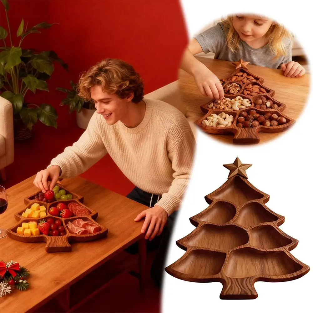 صينية تقديم شجرة عيد الميلاد، صينية الوجبات الخفيفة الخشبية مع مقصورات، أطباق تقديم العطلات، لوحة الفحم 27/21.5 سم #1
