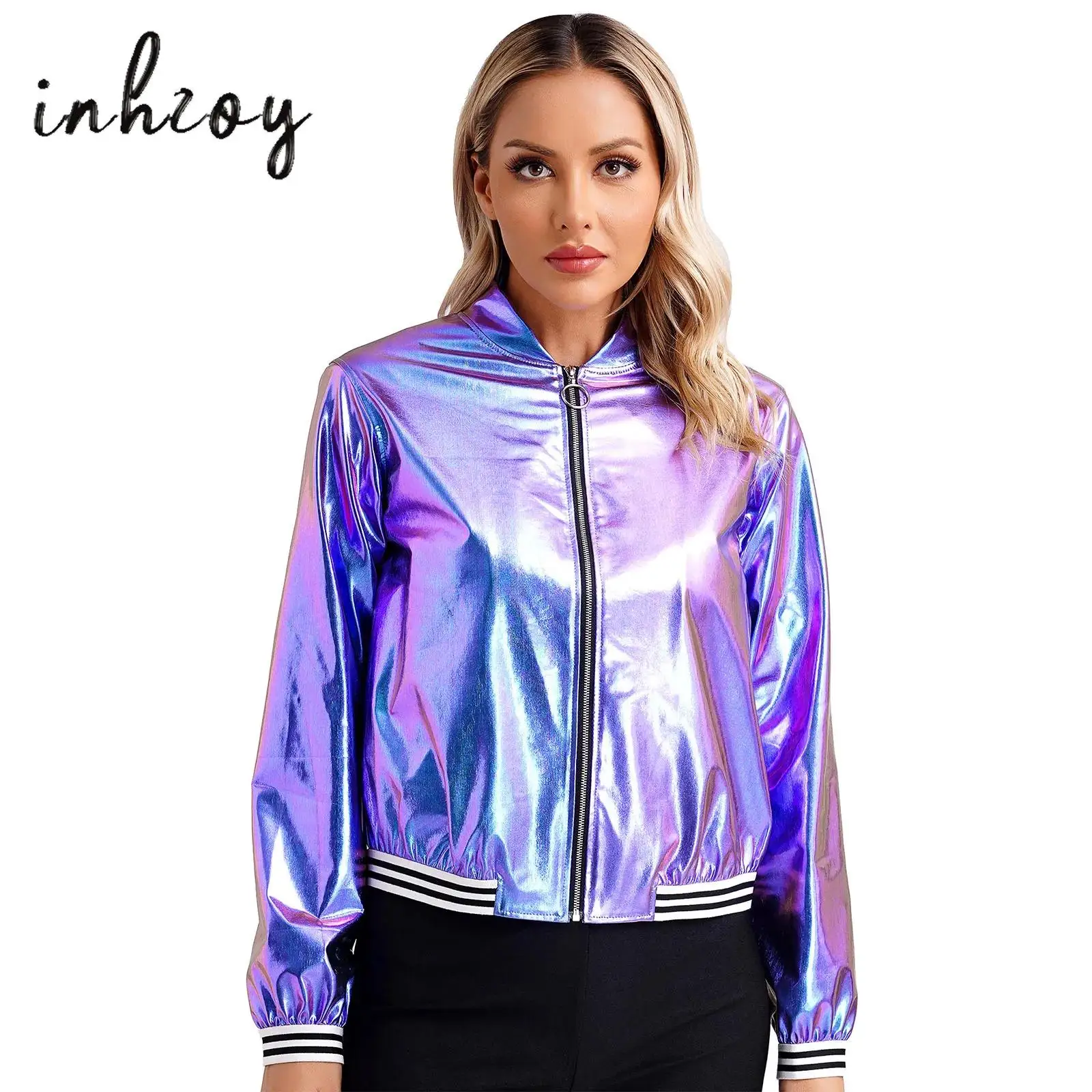 Womens Baseball Jackets Spring Autumn Holographic Metallic Shiny Bomber Jacket Coat Long Sleeve Zipper Striped Band Outerwear