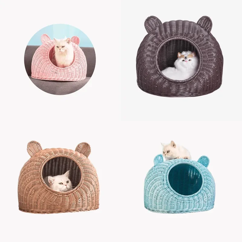 Woven Rattan Cat Litter Box Semi Closed Breathable Washable Pet Potty House for Indoor Use