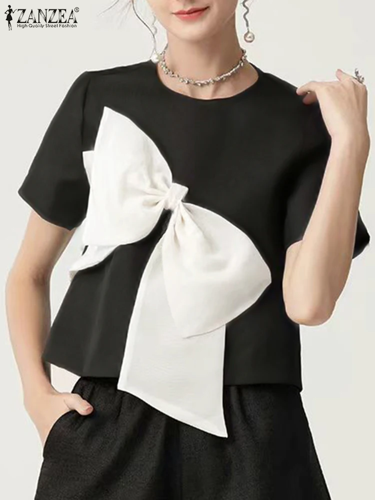 ZANZEA Sweety Bow Tie Patchwork Tunic Korean Women Short Sleeve Blouse 2024 Summer Holiday Solid Blusa Casual Fashion Tops Shirt