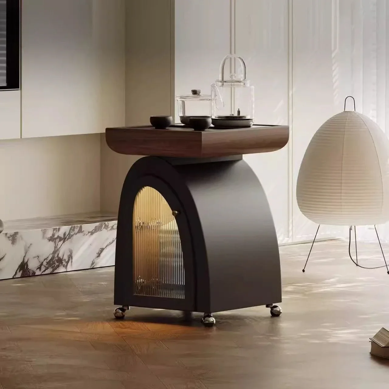 Light luxury movable, tea table with kettle, designer Italian minimalist small tea table