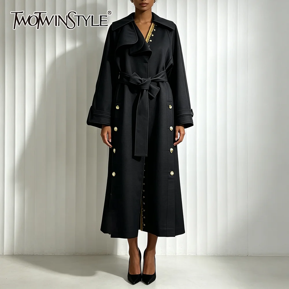 TWOTWINSTYLE Elegant Lapel Long Trench Coats for Women Gold Button Decoration Belt Waist Long Sleeve Loose Outerwear Female New