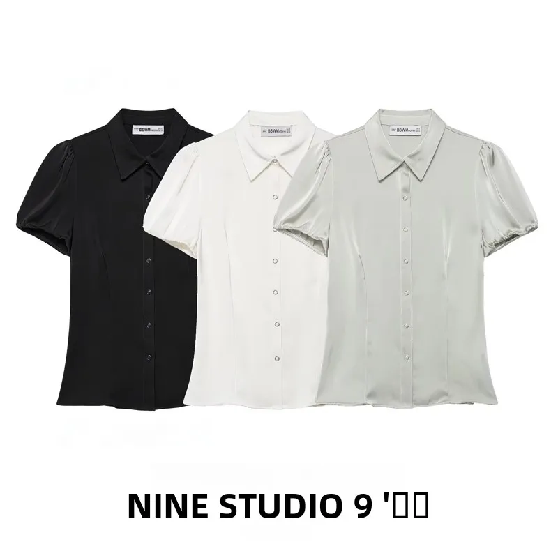 

Женская приталенная блузка NINE ZAR из шелкового атласа с короткими рукавами-фонариками, однотонная, в европейском стиле, модная весенняя коллекция