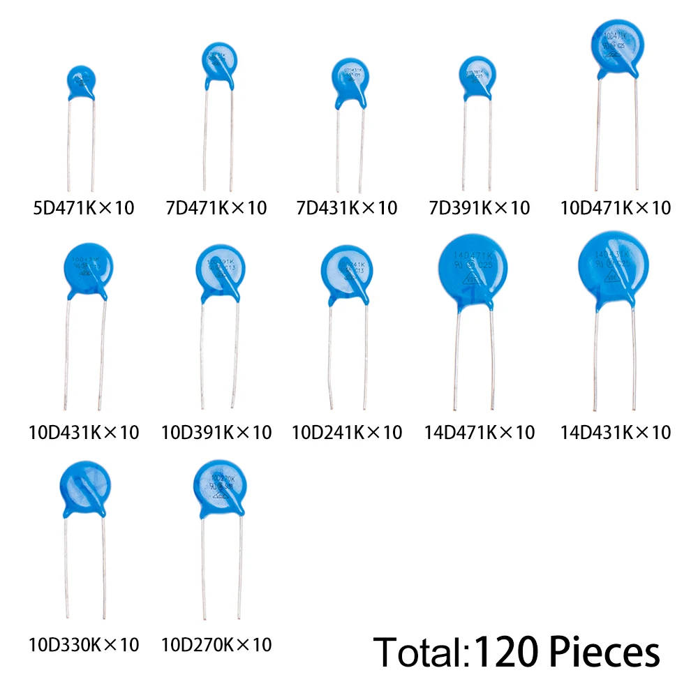 120PCS 7D431K 12Values Varistor Resistor Kit 5D471K 7D471K etc. DIP Package for Surge Protection Projects  7D391K 10D471K 100431