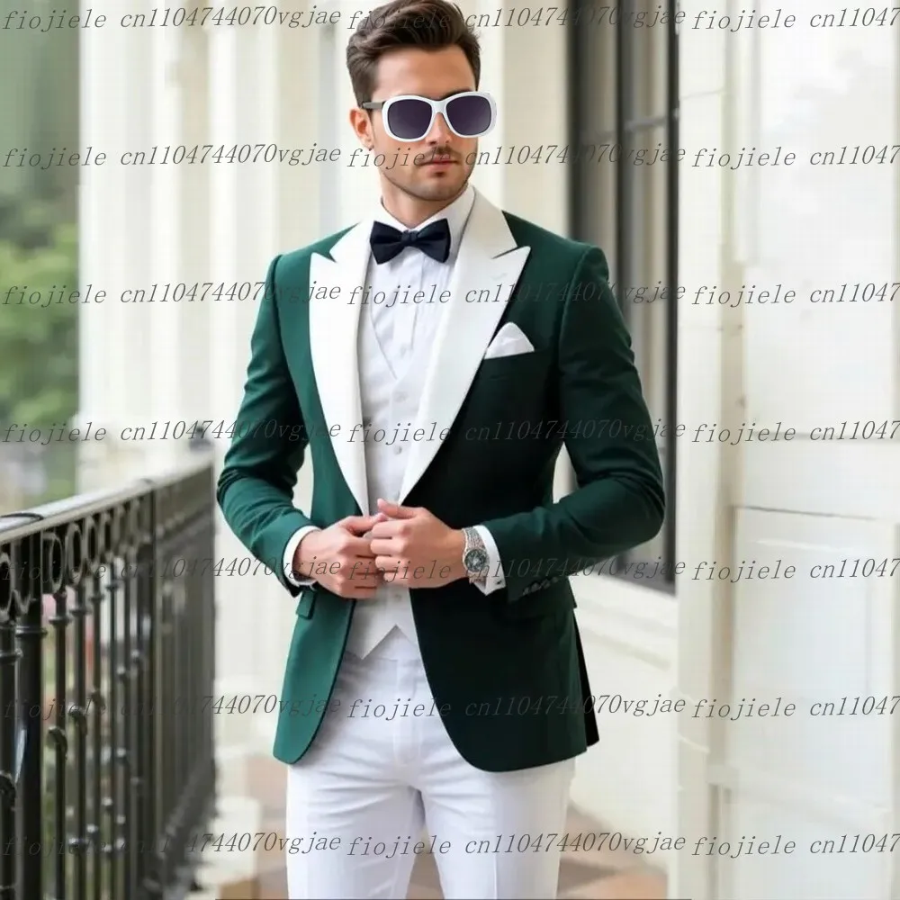 

New Green And White Men Suit Formal Wedding Party Groom Business Male Tuxedos Customized 3 Piece Set Jacket Vest Pants