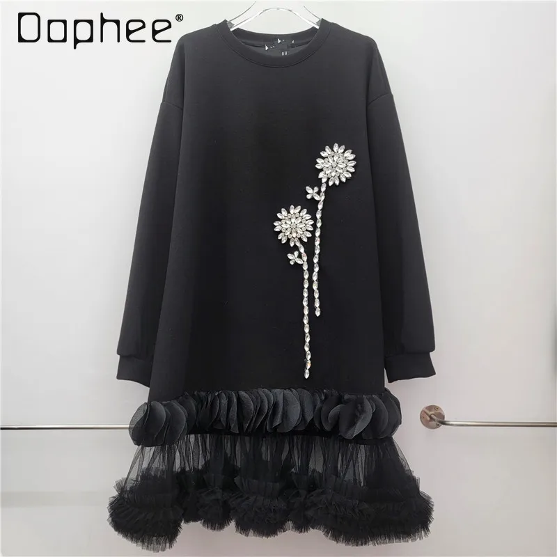 

Black Mid-Length Round Neck Pullover Sweatshirt Women Winter New Street Fashion Heavy Beaded Flower Loose Long Sleeve Sweatshirt
