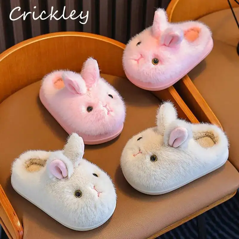 

Winter Rabbit Boys Girls Slippers Cartoon 3D Ears Plush Warm Thick Children Slippers Soft Bottom Floor Kids Home Shoes