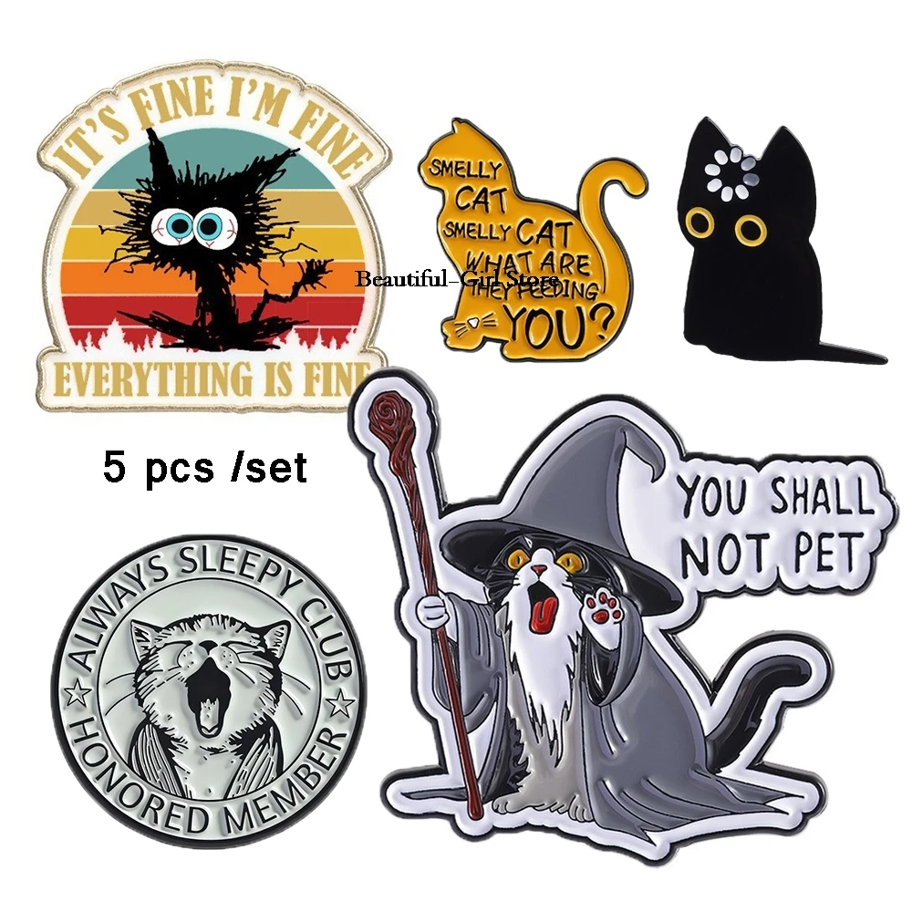 5pcs/1pcs Always Sleepy Club Honored Member Black Cat Enamel Pins Cute Tired Drowsy Cat Fun Brooches For Friends