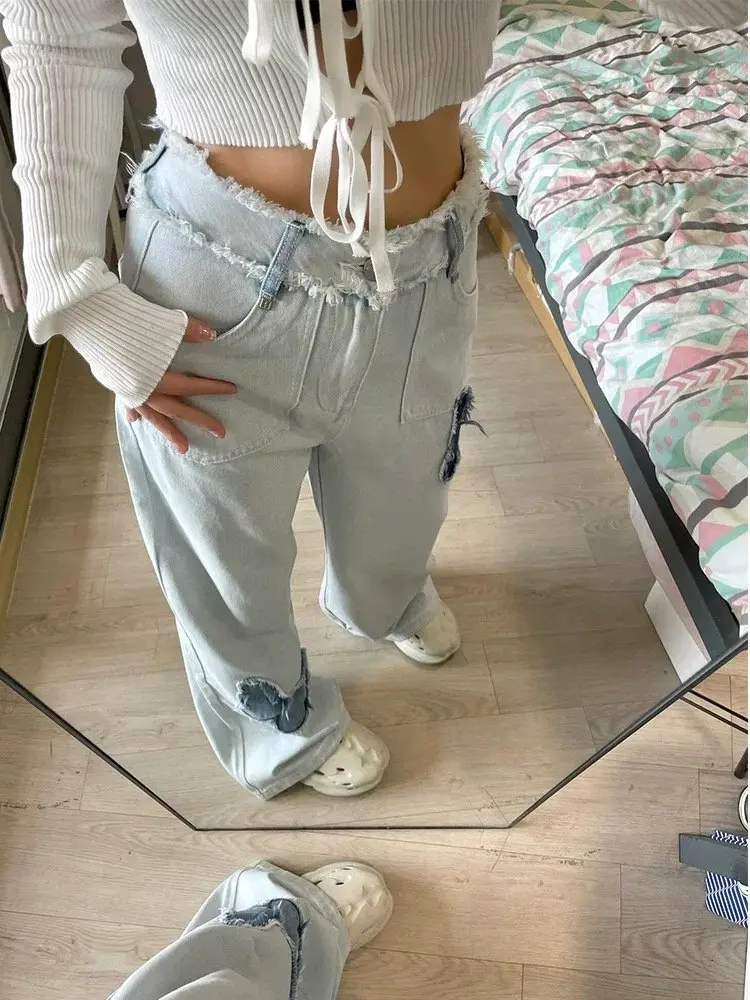 กางเกงยีนส์ผู้หญิงเอวสูงทรงหลวมสไตล์วินเทจ Y2K สตรีทแวร์ สีน้ำเงิน ขากว้าง ทรงโอเวอร์ไซส์ ทรงหลวม สไตล์โกธิค เกาหลี สวยงาม ทันสมัย