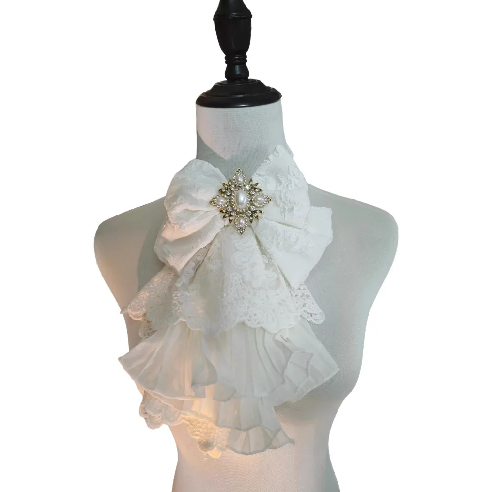 

Белый пушистый шарф в темную полоску с розой, большой носовой платок с бантом в стиле нагрудников и многослойным кружевом в европейском стиле ретро, плиссированный в стиле Лолита, desi