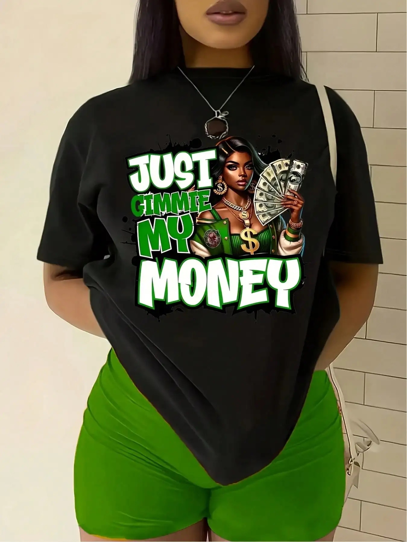 Women's 'Just Gimme My Money' Pattern T-Shirt- Casual Short Sleeve Crew Neck, Dollar Bill Design, Machine Washable, White, Women's Top, Unique Decoration, Stretch Fabric