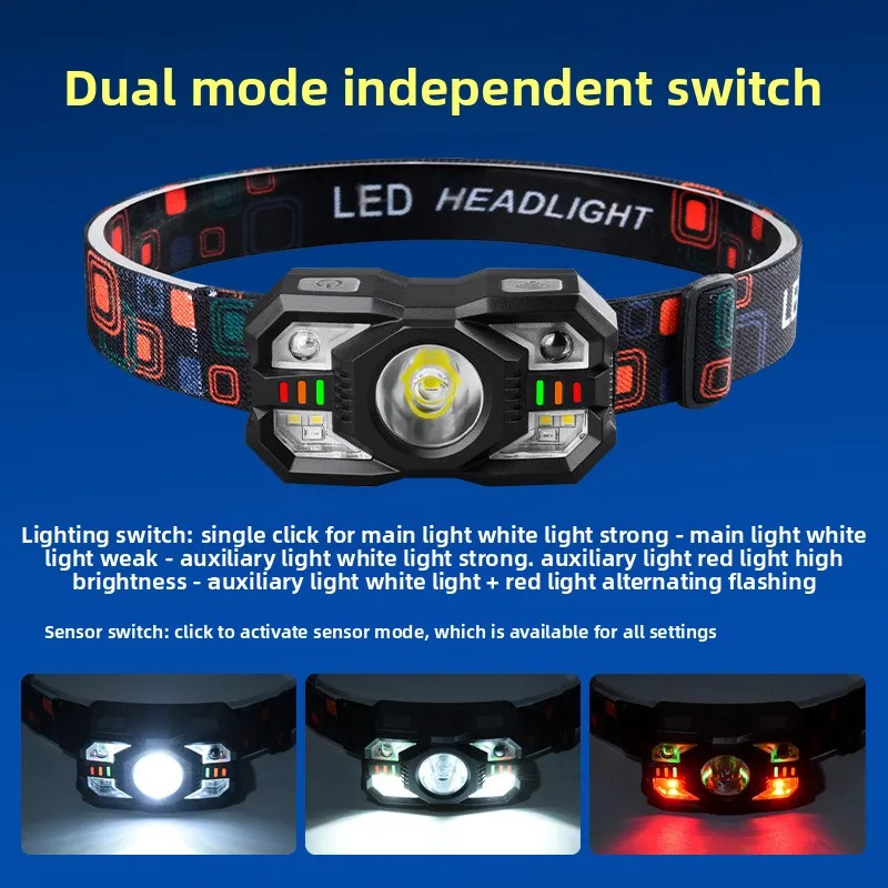 New Smart Sensor Headlamp Three Light Source Multifunctional Headset Lamp Outdoor Emergency Long Endurance Portable Fishing