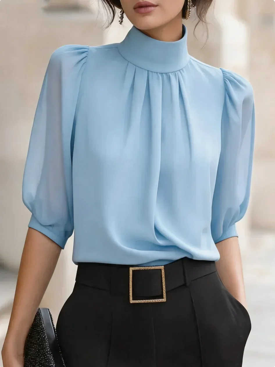 Damen-Bluse mit Stehkragen, Puffärmeln, 3/4-Länge, Falten und Drapierung vorne, aus Chiffon, elegant für Büro und Arbeit, lässige Oberteile für Damen – Detail 8