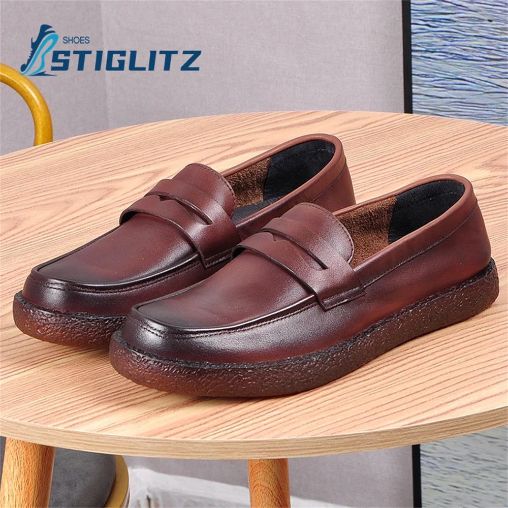 

Round Toe Shallow Genuine Leather Men's Shoes Nonslip Soft Sole Casual Shoes Men's Daily Commuter Shoes High Quality Dress Shoes