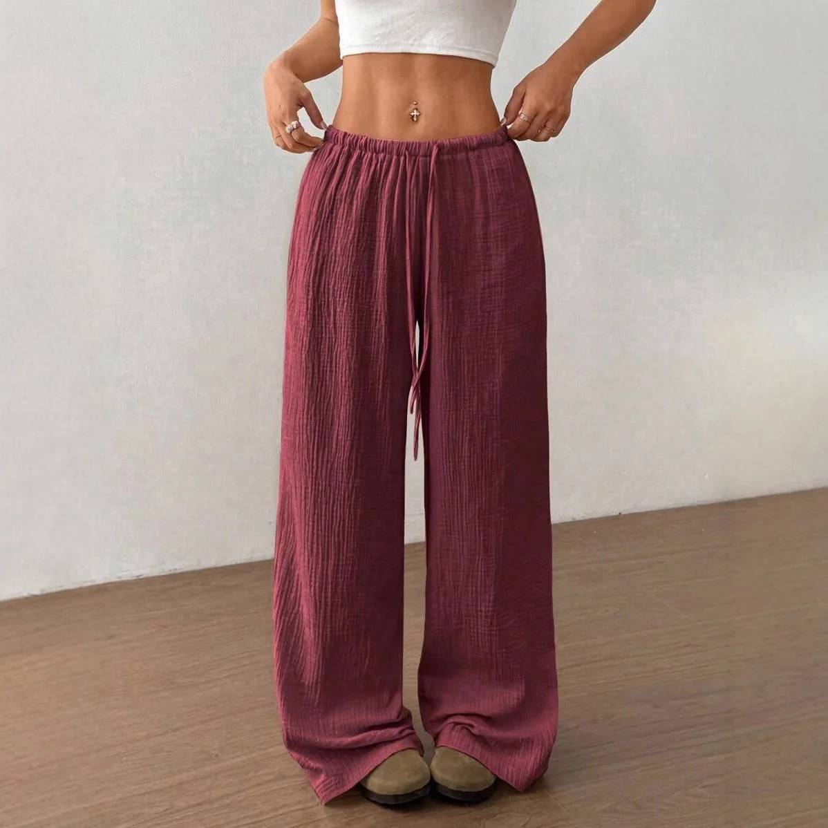 New Fashion Women's Clothing Elegant And Versatile Elastic Casual Solid Color Trousers Wide-leg Trousers