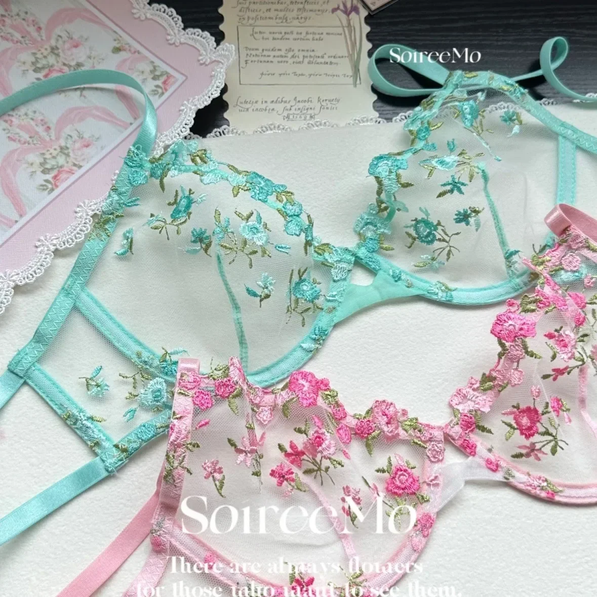 Verano hermoso bordado floral dulce sexy sujetador de malla flor fresca chica puro deseo lencería para mujeres