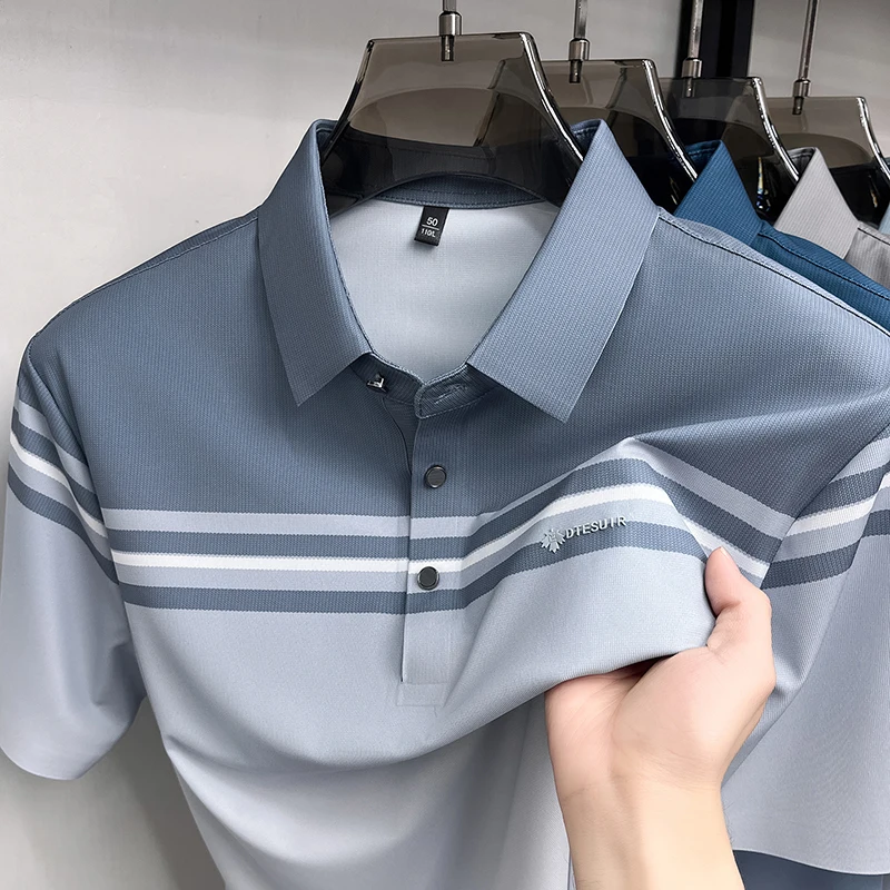 Personality gradient short sleeve men's polo shirt brand luxury letter embossed fashion stripe business casual summer T-shirt