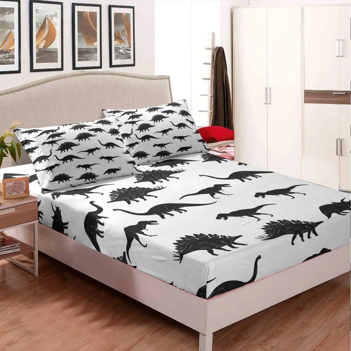 Dinosaur Fitted Sheet Dino Silhouettes Jurassic Evolution Bedding Set Wildlife Animals Black White Bed Cover for Kids Teens Boys