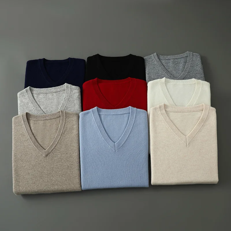 Men Cashmere Pullover V-Neck Sweater Autumn Winter Warm Solid Color Knitted Sweater Business Casual Long Sleeve Tops Pull Hommes - view 6