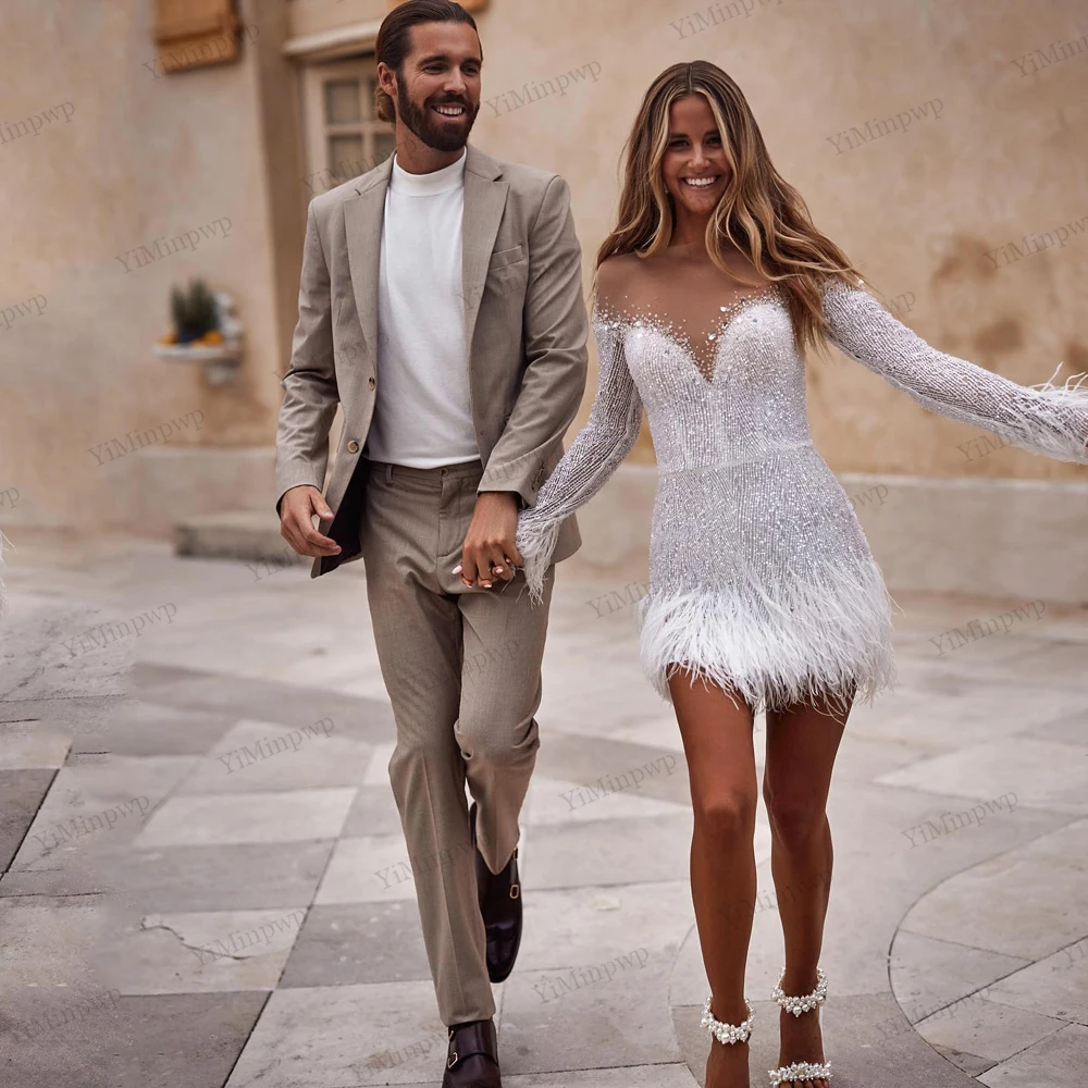 Customized Feature Crystal Wedding Dresses O-Neck Full Sleeve Straight Beaded Luxury Bride Gowns Illusion Back robe de mariée