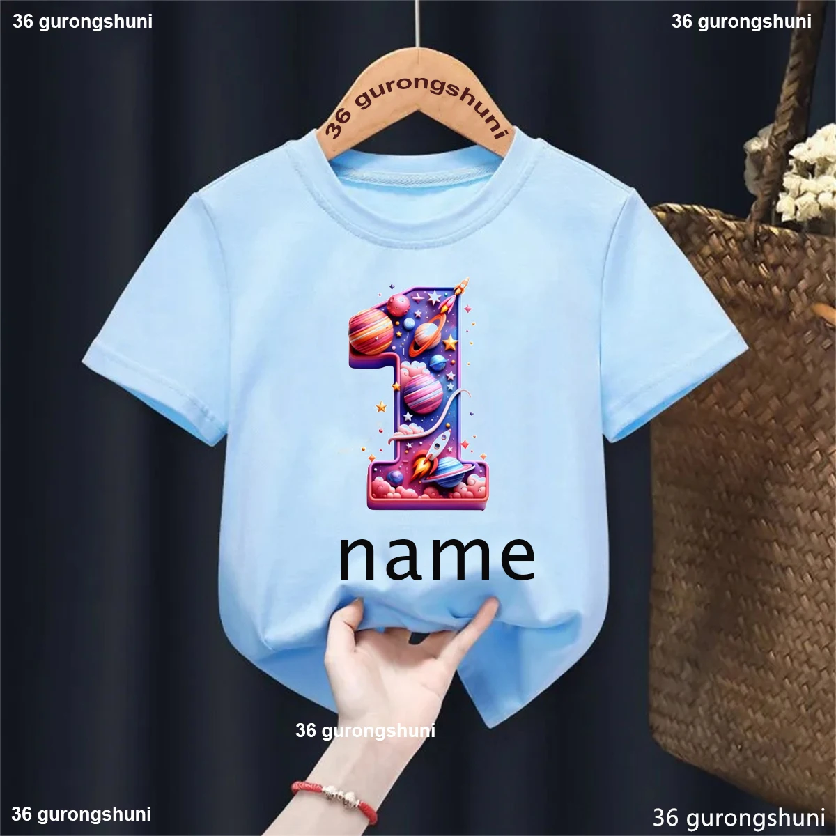 

Kawaii Kids Clothes Custom Name 1th Birthday Gift Printed T Shirt Girls/Boys Astronaut Spacecraft Planet Tshirt Solid T-Shirt