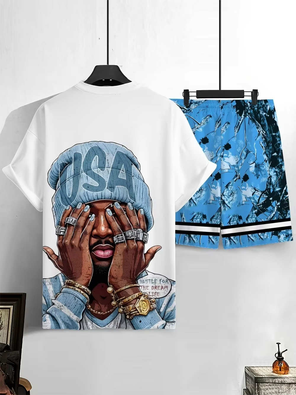 Men's Summer New USA Letter Pattern 3d Printed Comfortable Breathable Round Neck T-shirt Shorts Set Outdoor Street Wear Tops view 2