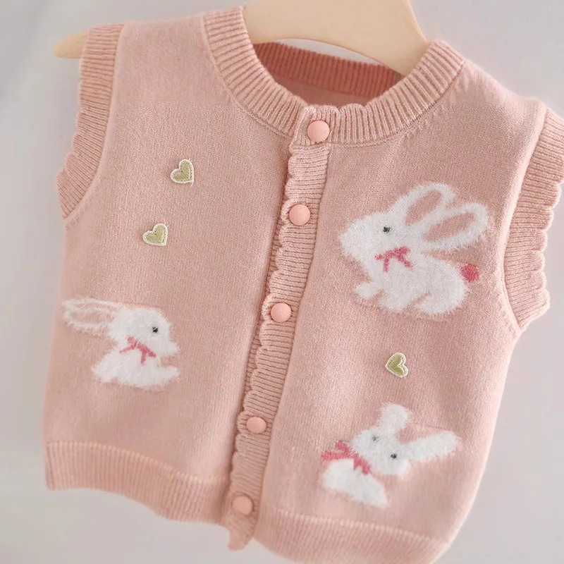 Gestrickte Weste für Mädchen, Herbst/Winter, süßes Design, für Kleinkinder, mit Cartoon-Kaninchenmuster, neue ärmellose Strickjacke für Kinder. – Detail 6