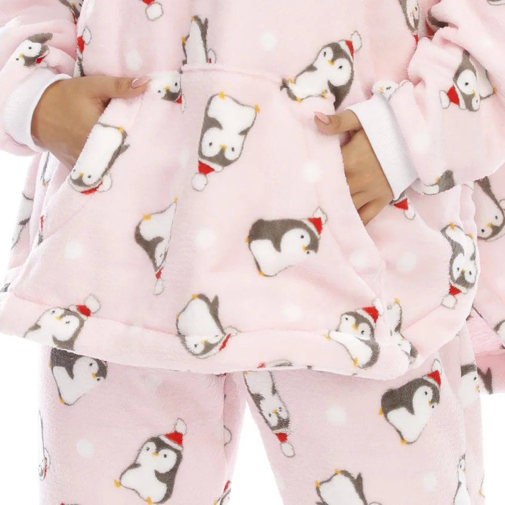 Autumn Winter Flannel Pajamas for Women Cute Pink Print Penguin Cartoon Sleepwear Pijamas Suit Loose Thickened Fleece Home Wear